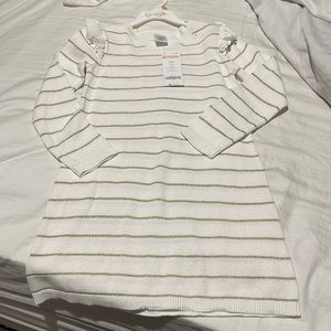 Gymboree 5/6 creamy white gold stripe sweater dress ruffled shoulders a line nwt